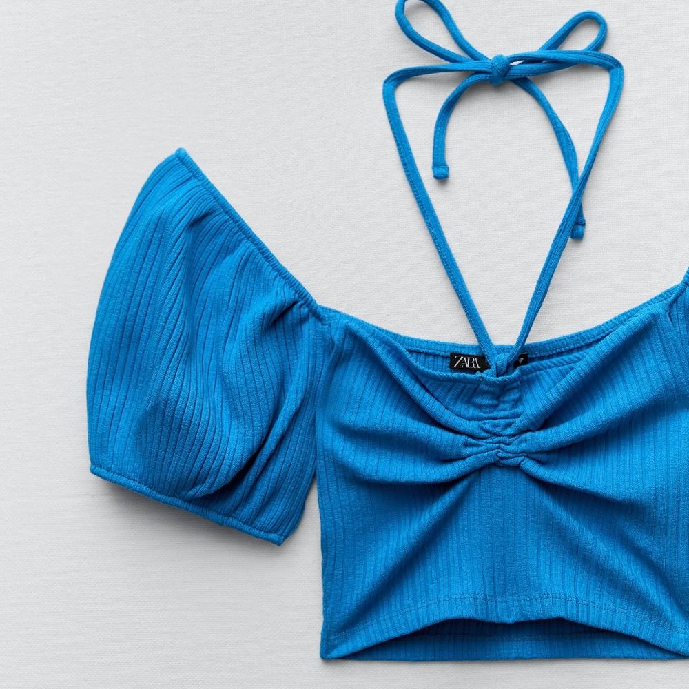 ZARA Blue Ruched Crop Top Size Large